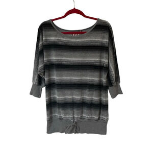 Juicy Couture Striped Terry Knit Top Size L Gray Black 3/4 Sleeve Drawstring Hem